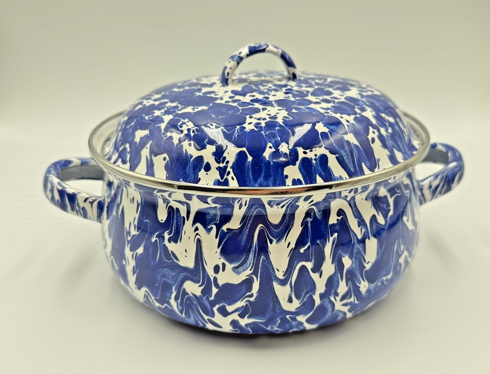 Golden Rabbit Cobalt Blue Swirl Enamelware Dutch Oven Pot Spatterware 2.5 Quart